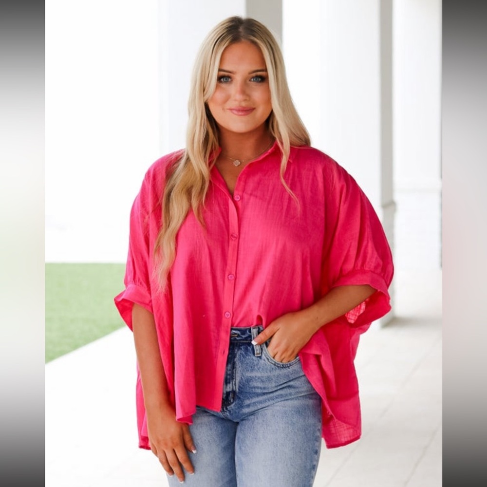 Hot Pink Button Down High Low Top